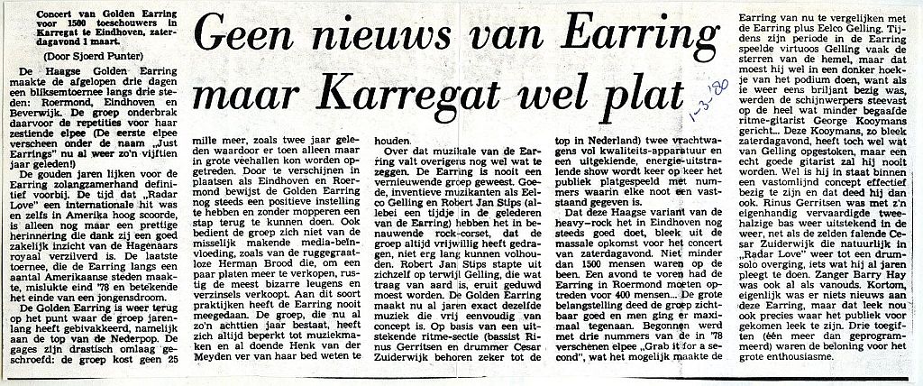 Golden Earring show March 01 1980 Eindhoven - Karregat review newspaper March 03 1980